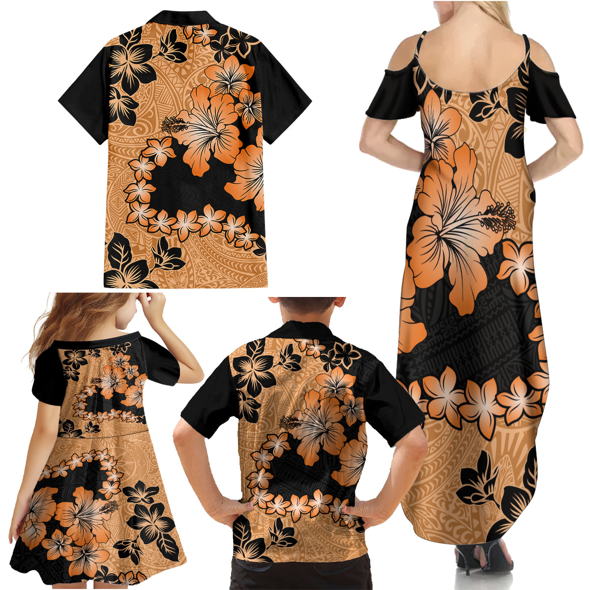 Orange Hawaii Family Matching Summer Maxi Dress and Hawaiian Shirt Tapa Cloth Mix Tropical Flowers Pastel Vibes - Wonder Print Shop