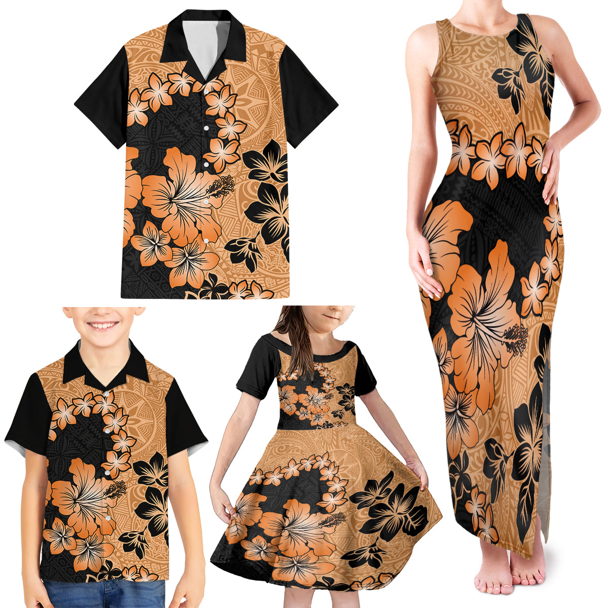 Orange Hawaii Family Matching Tank Maxi Dress and Hawaiian Shirt Tapa Cloth Mix Tropical Flowers Pastel Vibes - Wonder Print Shop