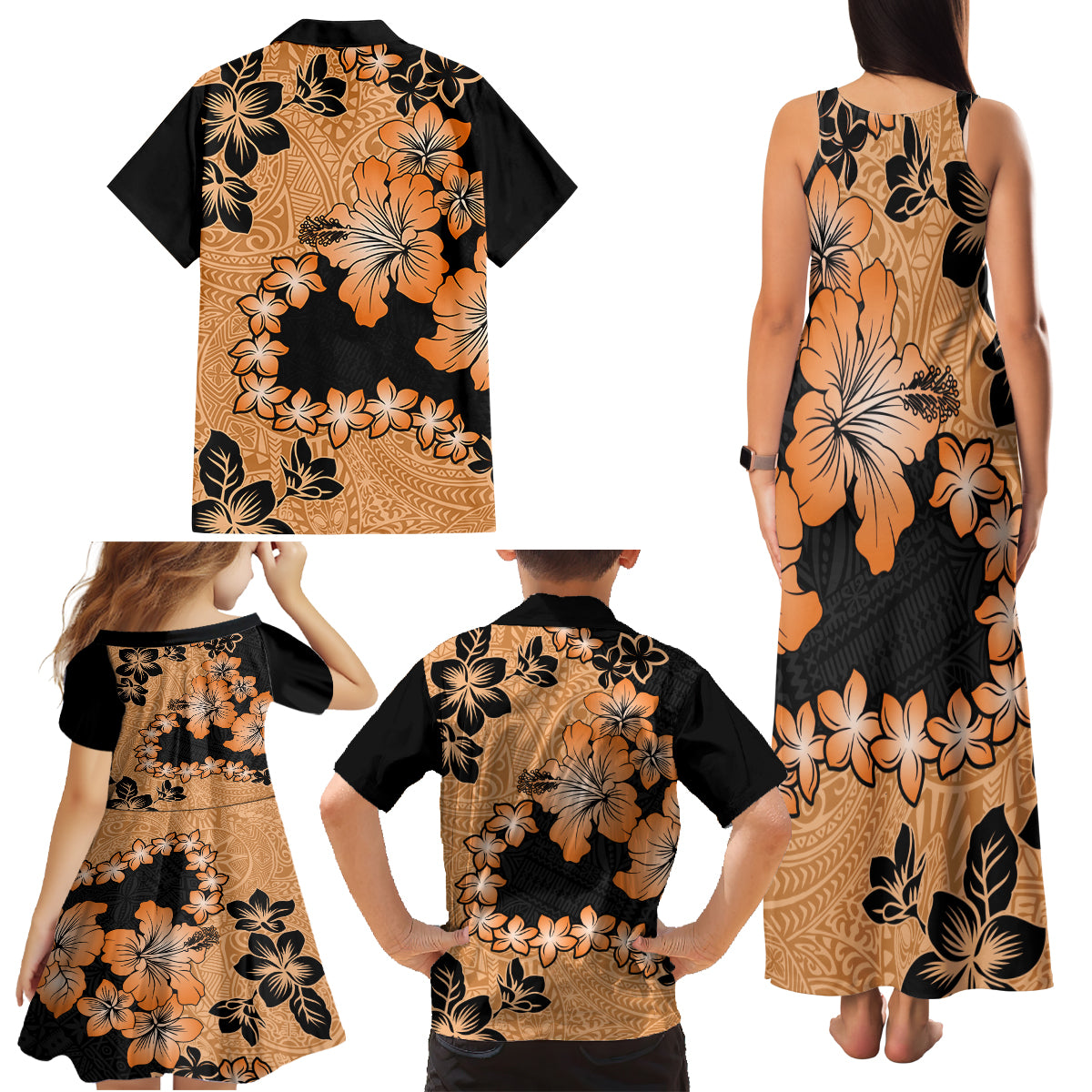 Orange Hawaii Family Matching Tank Maxi Dress and Hawaiian Shirt Tapa Cloth Mix Tropical Flowers Pastel Vibes - Wonder Print Shop