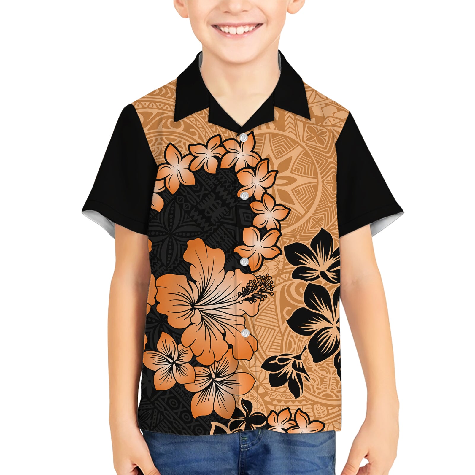 Orange Hawaii Kid Hawaiian Shirt Tapa Cloth Mix Tropical Flowers Pastel Vibes - Wonder Print Shop