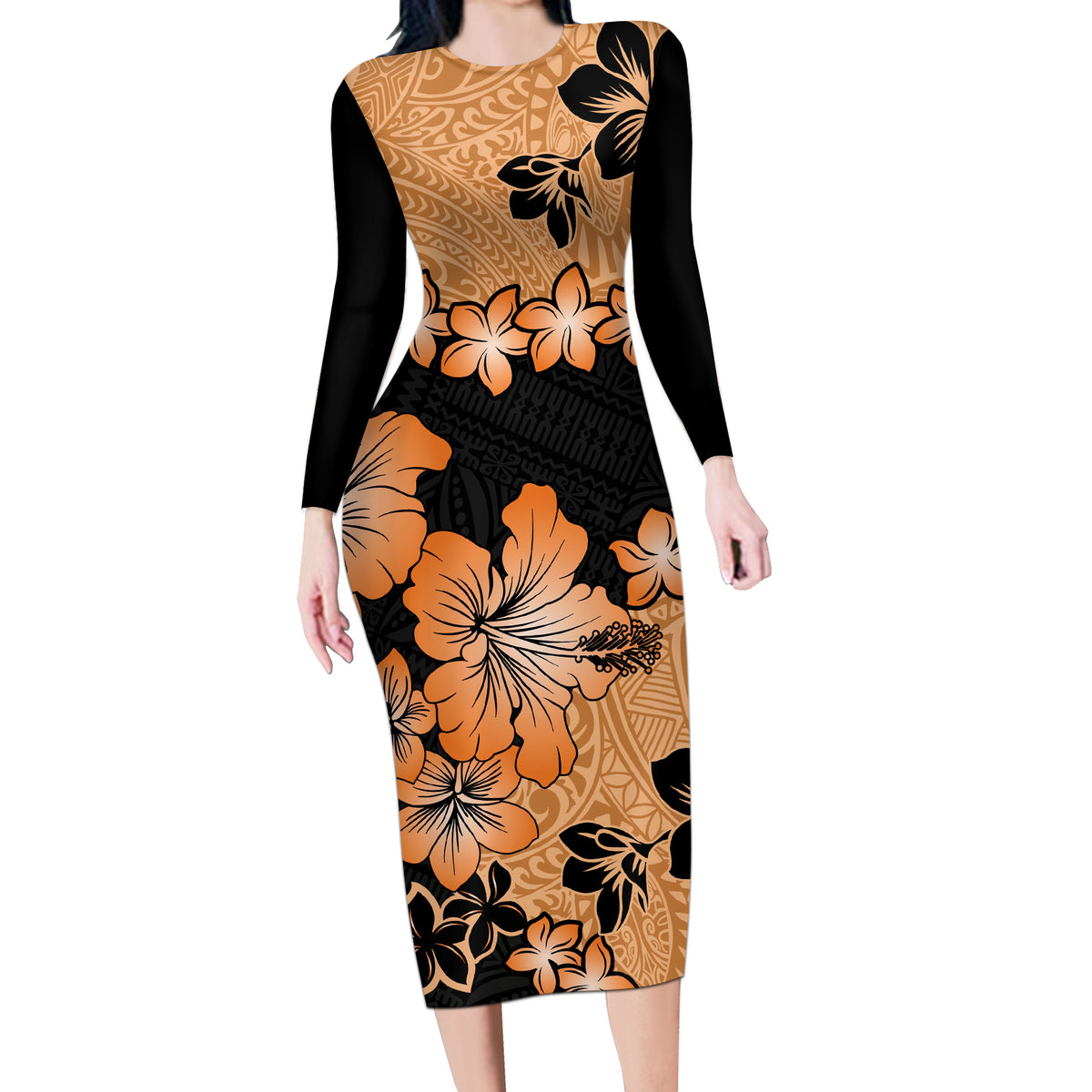 Orange Hawaii Long Sleeve Bodycon Dress Tapa Cloth Mix Tropical Flowers Pastel Vibes - Wonder Print Shop