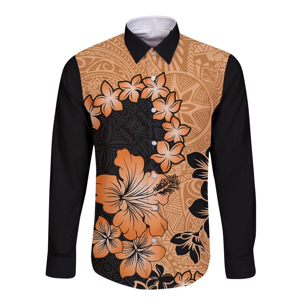 Orange Hawaii Long Sleeve Button Shirt Tapa Cloth Mix Tropical Flowers Pastel Vibes - Wonder Print Shop