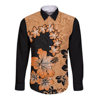 Orange Hawaii Long Sleeve Button Shirt Tapa Cloth Mix Tropical Flowers Pastel Vibes - Wonder Print Shop