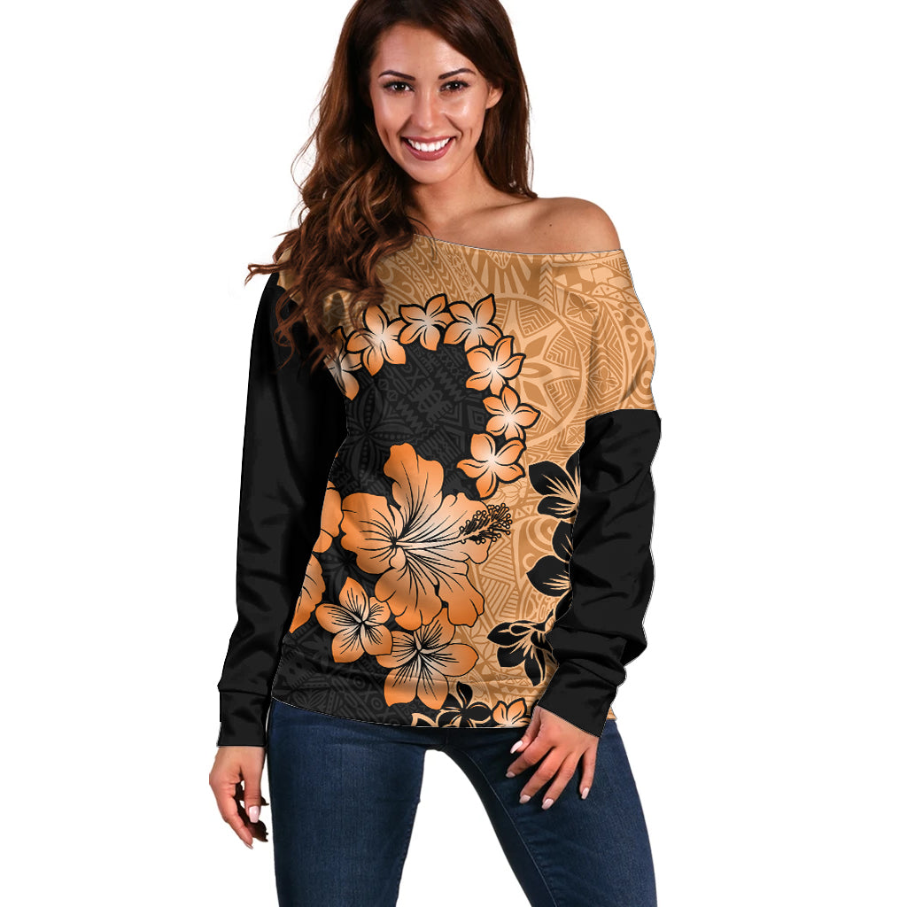 Orange Hawaii Off Shoulder Sweater Tapa Cloth Mix Tropical Flowers Pastel Vibes - Wonder Print Shop