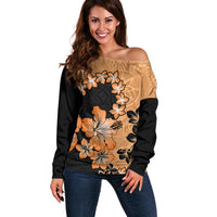Orange Hawaii Off Shoulder Sweater Tapa Cloth Mix Tropical Flowers Pastel Vibes - Wonder Print Shop