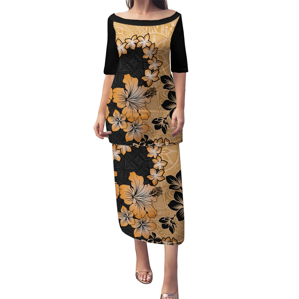 Orange Hawaii Puletasi Tapa Cloth Mix Tropical Flowers Pastel Vibes - Wonder Print Shop