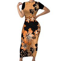 Orange Hawaii Short Sleeve Bodycon Dress Tapa Cloth Mix Tropical Flowers Pastel Vibes - Wonder Print Shop
