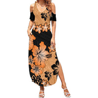 Orange Hawaii Summer Maxi Dress Tapa Cloth Mix Tropical Flowers Pastel Vibes - Wonder Print Shop
