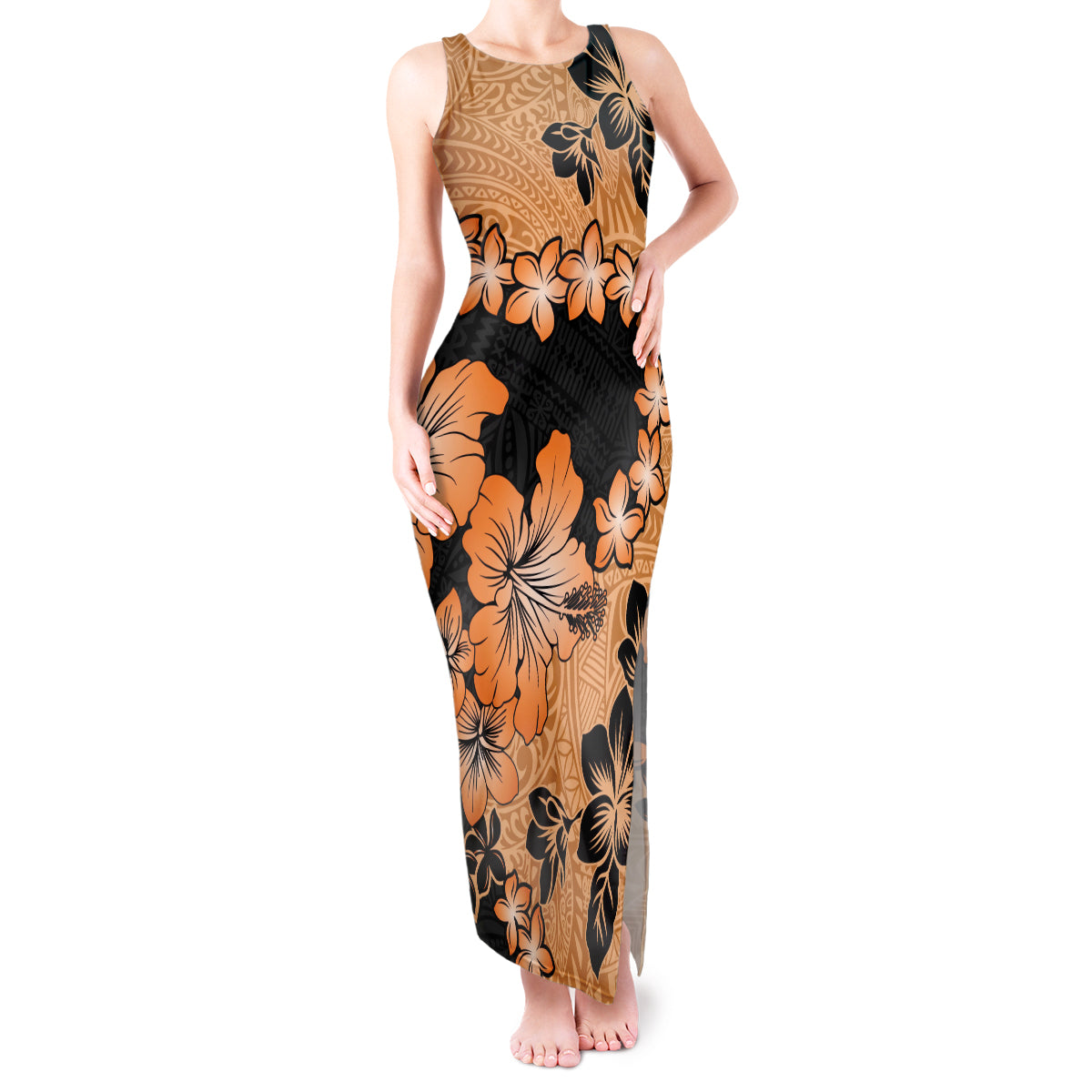 Orange Hawaii Tank Maxi Dress Tapa Cloth Mix Tropical Flowers Pastel Vibes - Wonder Print Shop
