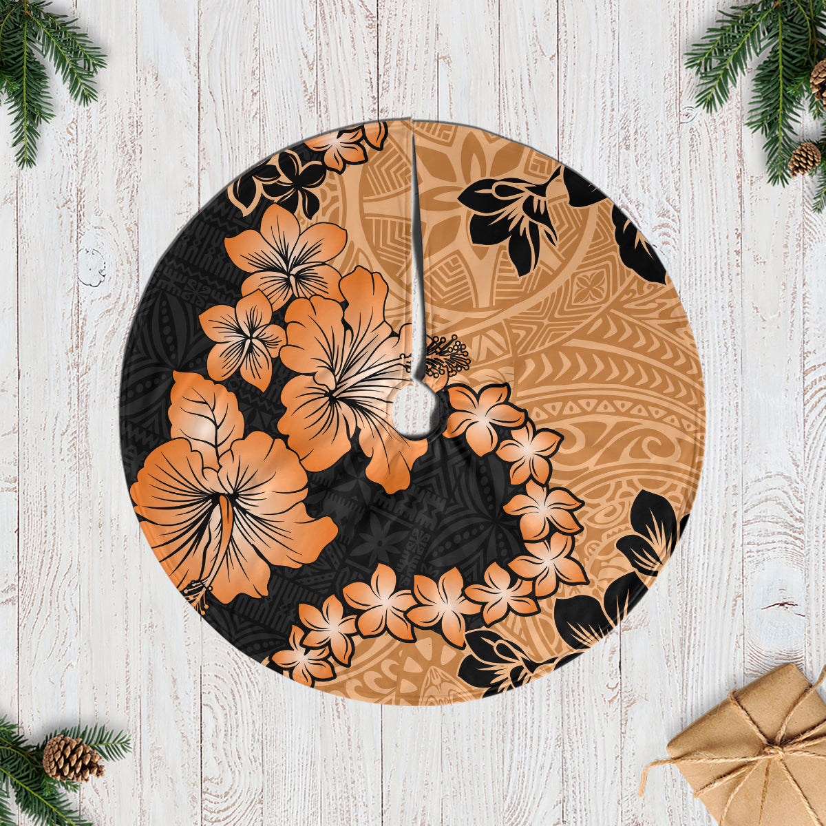 Orange Hawaii Tree Skirt Tapa Cloth Mix Tropical Flowers Pastel Vibes - Wonder Print Shop