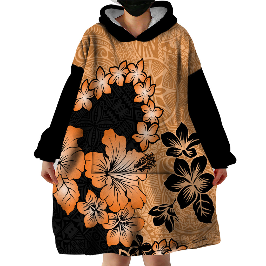 Orange Hawaii Wearable Blanket Hoodie Tapa Cloth Mix Tropical Flowers Pastel Vibes - Wonder Print Shop