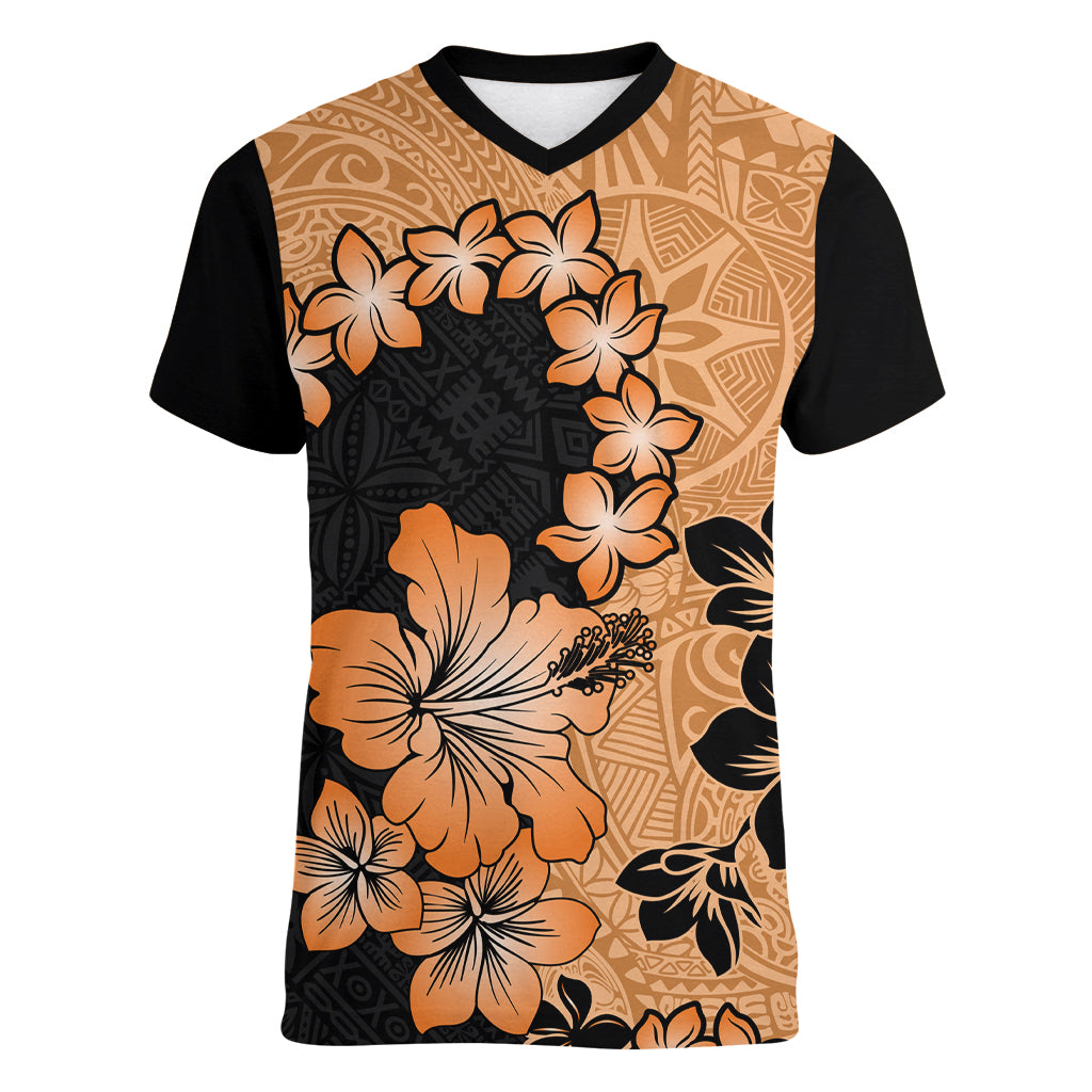 Orange Hawaii Women V Neck T Shirt Tapa Cloth Mix Tropical Flowers Pastel Vibes - Wonder Print Shop