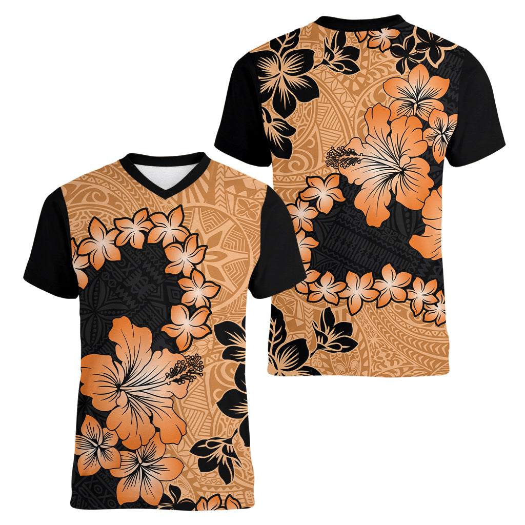 Orange Hawaii Women V Neck T Shirt Tapa Cloth Mix Tropical Flowers Pastel Vibes - Wonder Print Shop