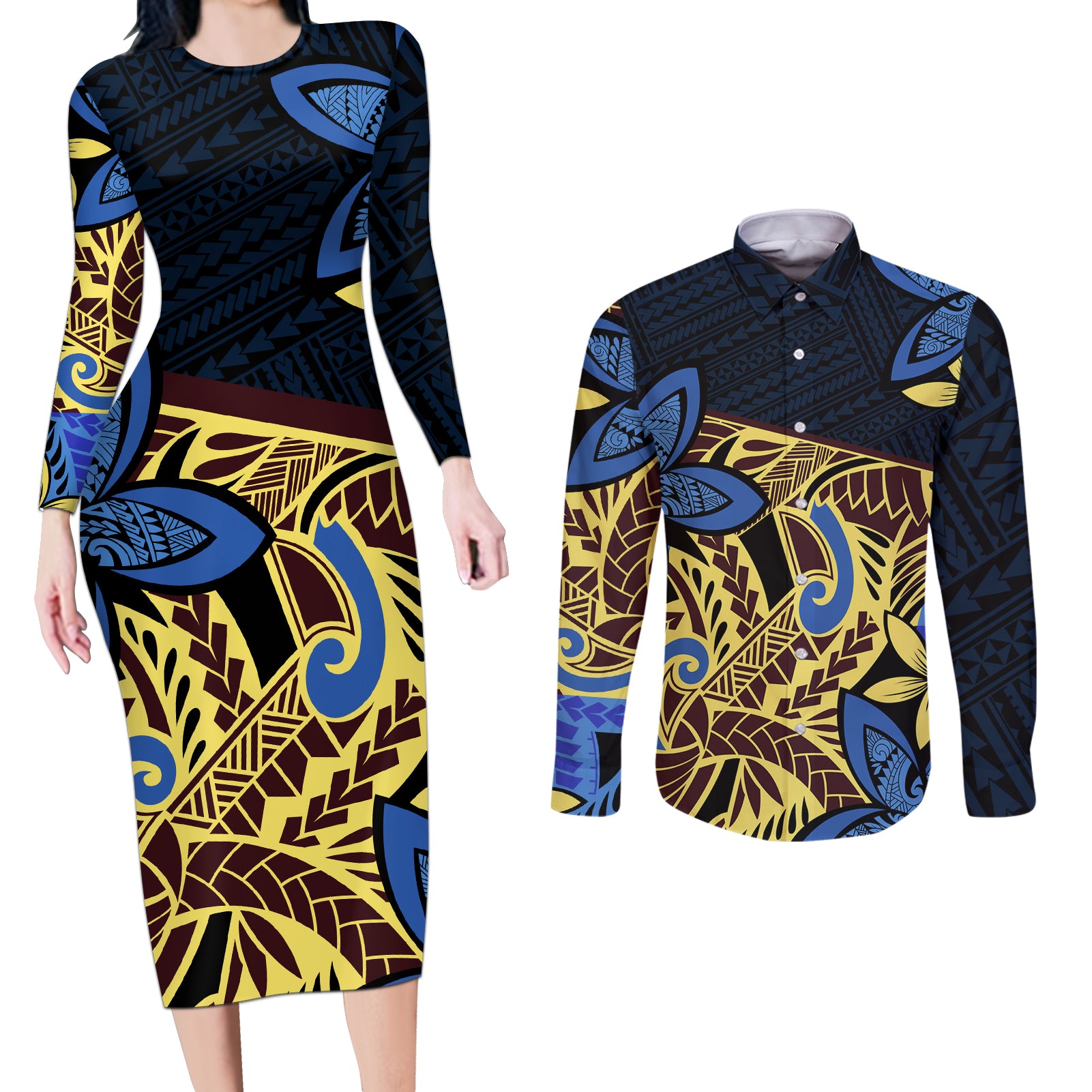 Polynesia Fabric Couples Matching Long Sleeve Bodycon Dress and Long Sleeve Button Shirt Polynesian Tribal With Frangipani Flowers - Wonder Print Shop