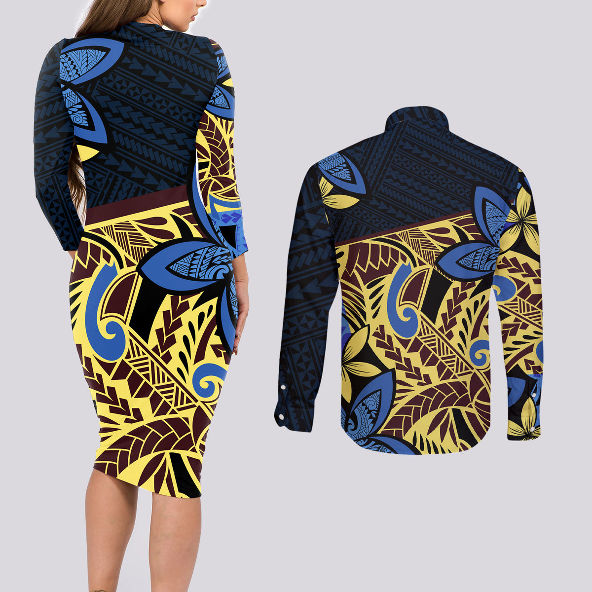 Polynesia Fabric Couples Matching Long Sleeve Bodycon Dress and Long Sleeve Button Shirt Polynesian Tribal With Frangipani Flowers - Wonder Print Shop