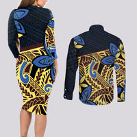 Polynesia Fabric Couples Matching Long Sleeve Bodycon Dress and Long Sleeve Button Shirt Polynesian Tribal With Frangipani Flowers - Wonder Print Shop