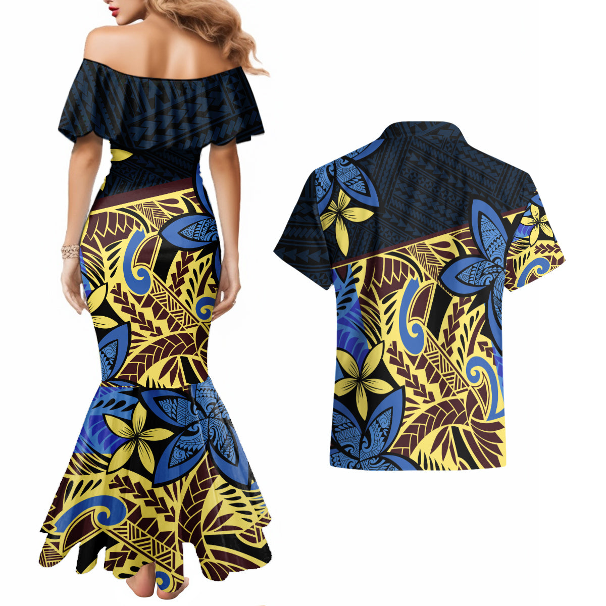 Polynesia Fabric Couples Matching Mermaid Dress and Hawaiian Shirt Polynesian Tribal With Frangipani Flowers - Wonder Print Shop