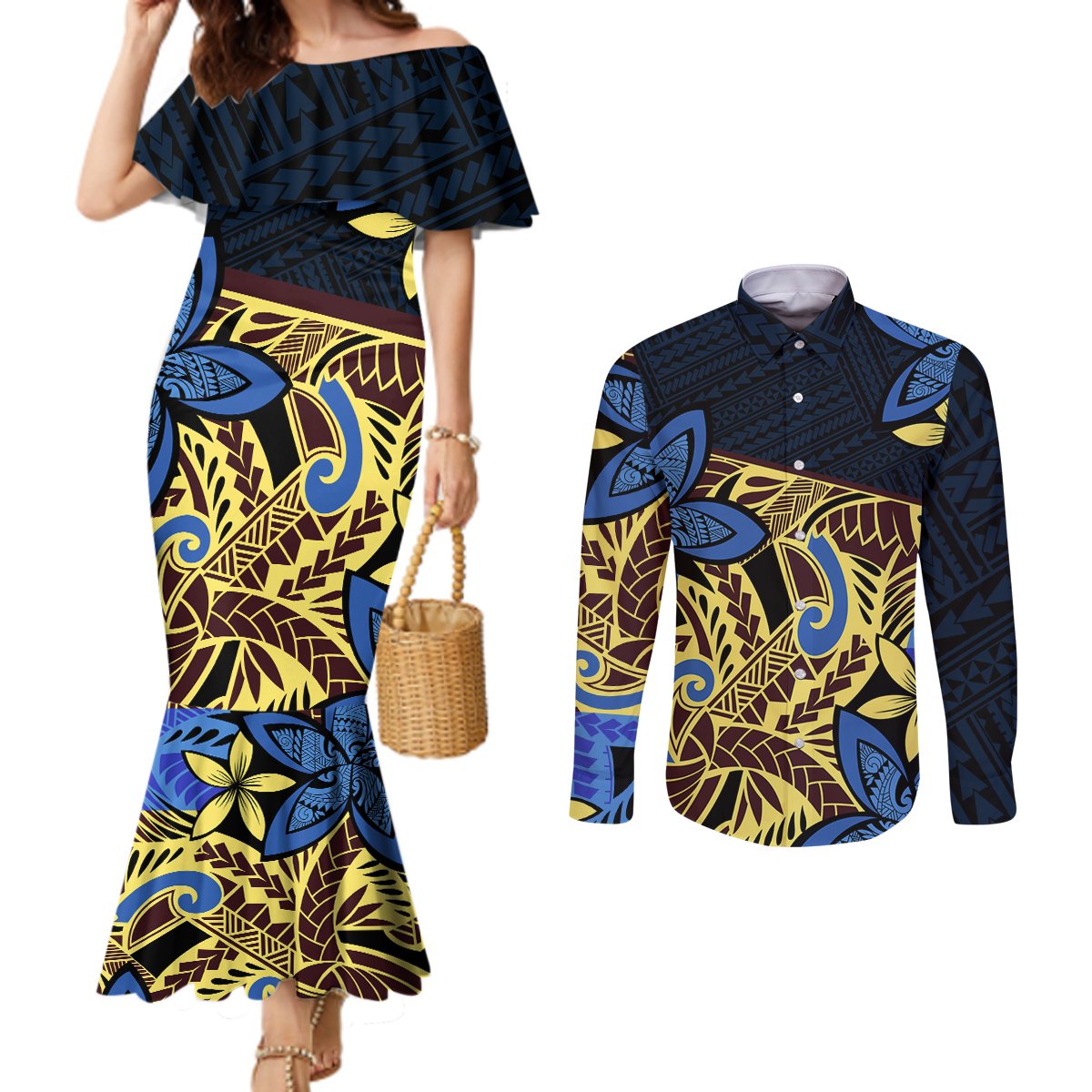 polynesia-fabric-couples-matching-mermaid-dress-and-long-sleeve-button-shirt-polynesian-tribal-with-frangipani-flowers