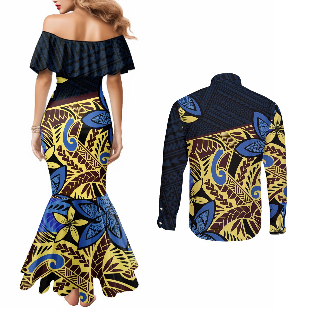 polynesia-fabric-couples-matching-mermaid-dress-and-long-sleeve-button-shirt-polynesian-tribal-with-frangipani-flowers