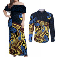 Polynesia Fabric Couples Matching Off Shoulder Maxi Dress and Long Sleeve Button Shirt Polynesian Tribal With Frangipani Flowers - Wonder Print Shop