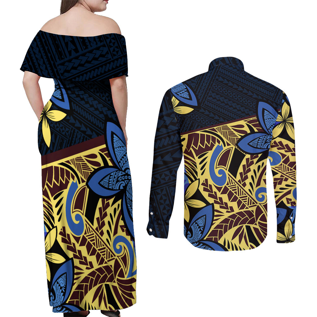 Polynesia Fabric Couples Matching Off Shoulder Maxi Dress and Long Sleeve Button Shirt Polynesian Tribal With Frangipani Flowers - Wonder Print Shop