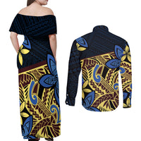 Polynesia Fabric Couples Matching Off Shoulder Maxi Dress and Long Sleeve Button Shirt Polynesian Tribal With Frangipani Flowers - Wonder Print Shop
