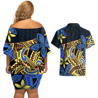 Polynesia Fabric Couples Matching Off Shoulder Short Dress and Hawaiian Shirt Polynesian Tribal With Frangipani Flowers - Wonder Print Shop