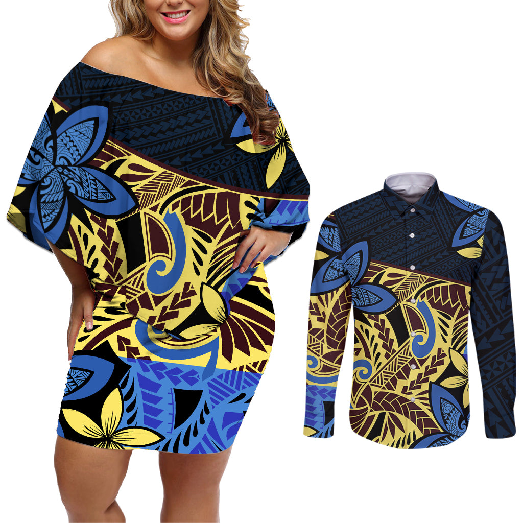 Polynesia Fabric Couples Matching Off Shoulder Short Dress and Long Sleeve Button Shirt Polynesian Tribal With Frangipani Flowers - Wonder Print Shop