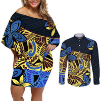 Polynesia Fabric Couples Matching Off Shoulder Short Dress and Long Sleeve Button Shirt Polynesian Tribal With Frangipani Flowers - Wonder Print Shop