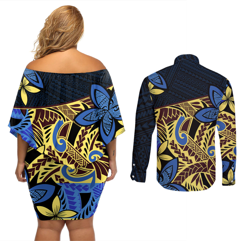 Polynesia Fabric Couples Matching Off Shoulder Short Dress and Long Sleeve Button Shirt Polynesian Tribal With Frangipani Flowers - Wonder Print Shop