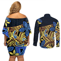 Polynesia Fabric Couples Matching Off Shoulder Short Dress and Long Sleeve Button Shirt Polynesian Tribal With Frangipani Flowers - Wonder Print Shop