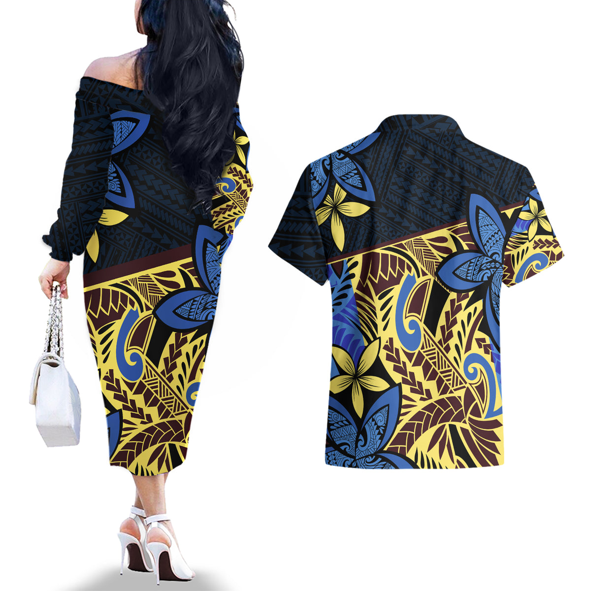 Polynesia Fabric Couples Matching Off The Shoulder Long Sleeve Dress and Hawaiian Shirt Polynesian Tribal With Frangipani Flowers - Wonder Print Shop