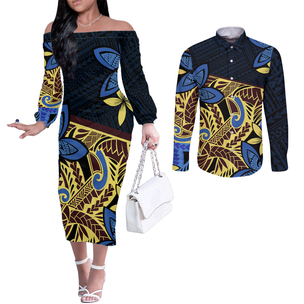 polynesia-fabric-couples-matching-off-the-shoulder-long-sleeve-dress-and-long-sleeve-button-shirt-polynesian-tribal-with-frangipani-flowers