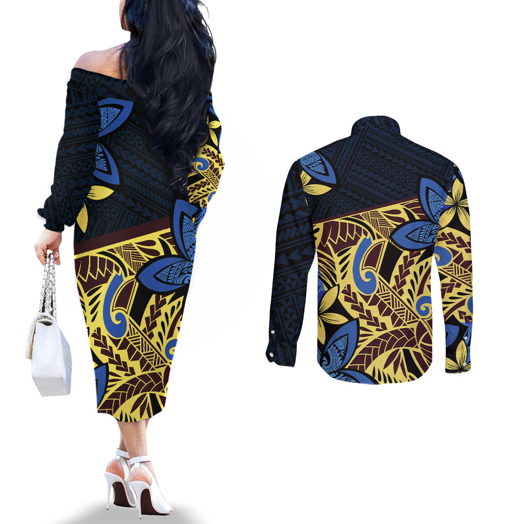 polynesia-fabric-couples-matching-off-the-shoulder-long-sleeve-dress-and-long-sleeve-button-shirt-polynesian-tribal-with-frangipani-flowers