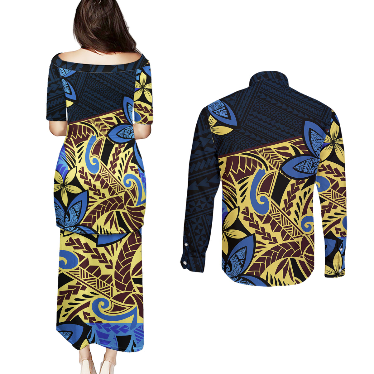 Polynesia Fabric Couples Matching Puletasi Dress and Long Sleeve Button Shirt Polynesian Tribal With Frangipani Flowers - Wonder Print Shop