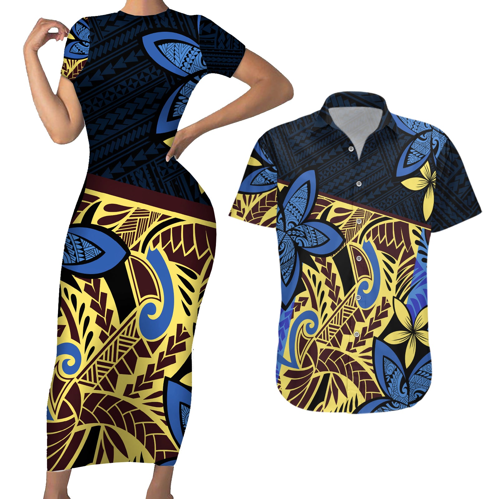 Polynesia Fabric Couples Matching Short Sleeve Bodycon Dress and Hawaiian Shirt Polynesian Tribal With Frangipani Flowers - Wonder Print Shop