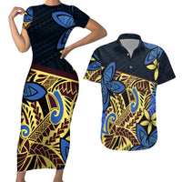 Polynesia Fabric Couples Matching Short Sleeve Bodycon Dress and Hawaiian Shirt Polynesian Tribal With Frangipani Flowers - Wonder Print Shop