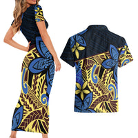 Polynesia Fabric Couples Matching Short Sleeve Bodycon Dress and Hawaiian Shirt Polynesian Tribal With Frangipani Flowers - Wonder Print Shop