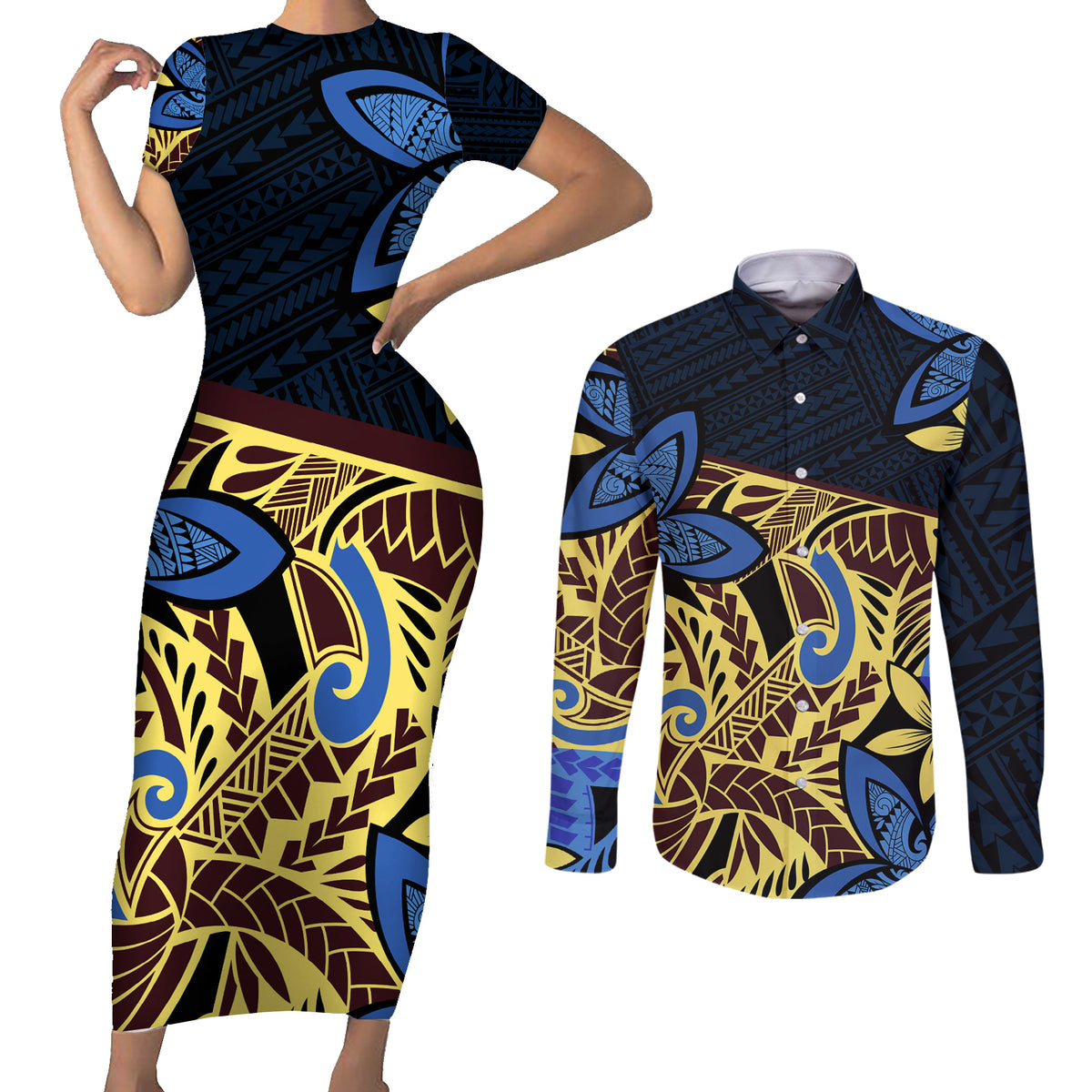 Polynesia Fabric Couples Matching Short Sleeve Bodycon Dress and Long Sleeve Button Shirt Polynesian Tribal With Frangipani Flowers - Wonder Print Shop