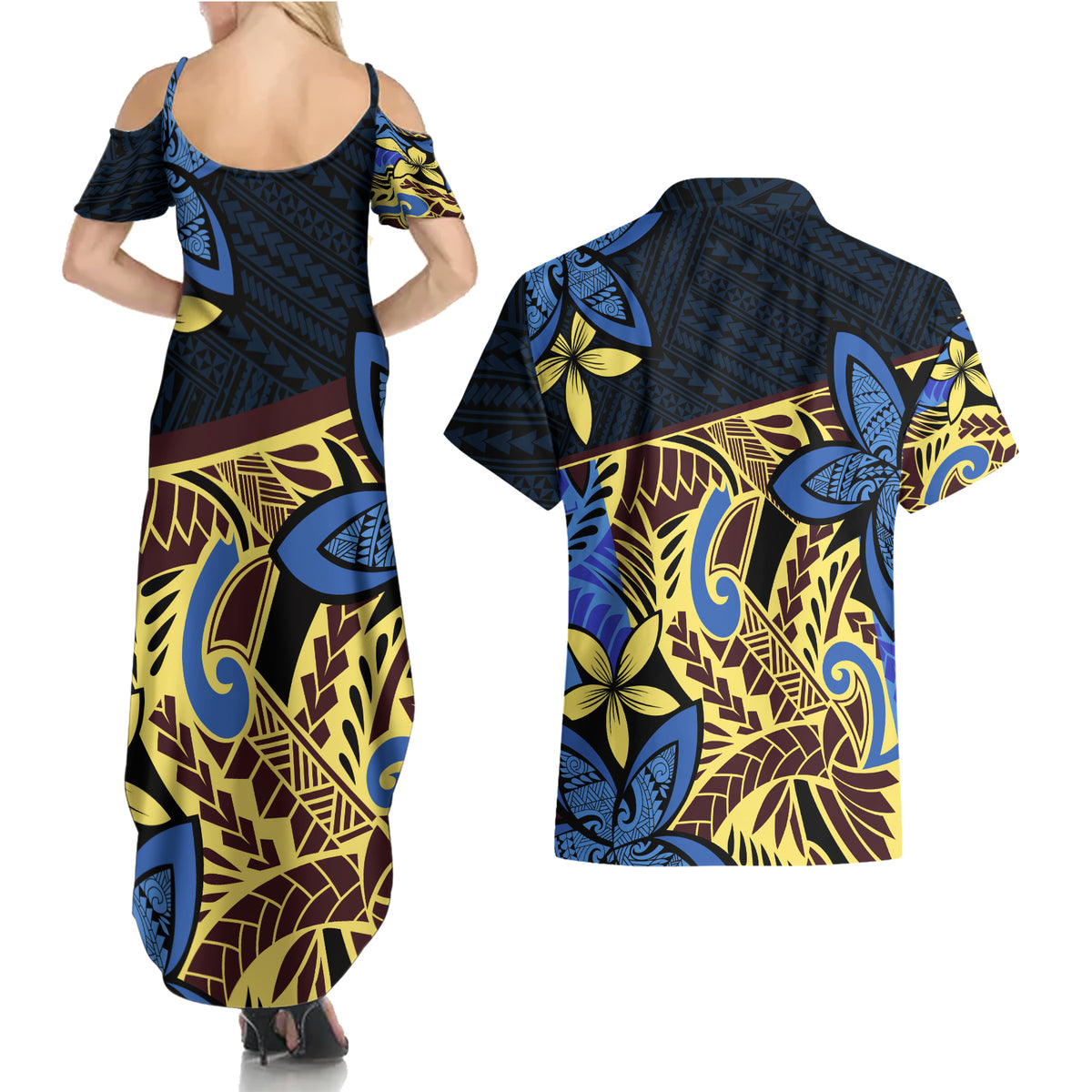 Polynesia Fabric Couples Matching Summer Maxi Dress and Hawaiian Shirt Polynesian Tribal With Frangipani Flowers - Wonder Print Shop