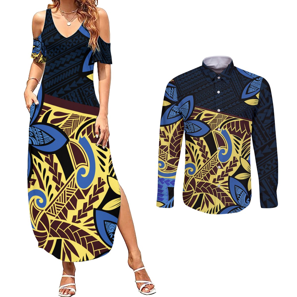 Polynesia Fabric Couples Matching Summer Maxi Dress and Long Sleeve Button Shirt Polynesian Tribal With Frangipani Flowers - Wonder Print Shop