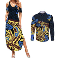 Polynesia Fabric Couples Matching Summer Maxi Dress and Long Sleeve Button Shirt Polynesian Tribal With Frangipani Flowers - Wonder Print Shop