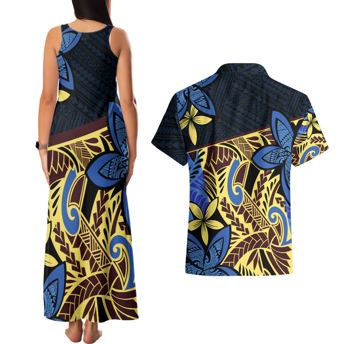 Polynesia Fabric Couples Matching Tank Maxi Dress and Hawaiian Shirt Polynesian Tribal With Frangipani Flowers - Wonder Print Shop