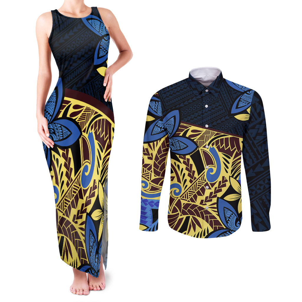Polynesia Fabric Couples Matching Tank Maxi Dress and Long Sleeve Button Shirt Polynesian Tribal With Frangipani Flowers - Wonder Print Shop