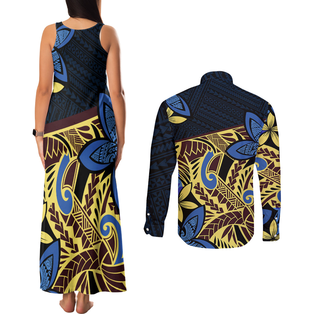 Polynesia Fabric Couples Matching Tank Maxi Dress and Long Sleeve Button Shirt Polynesian Tribal With Frangipani Flowers - Wonder Print Shop