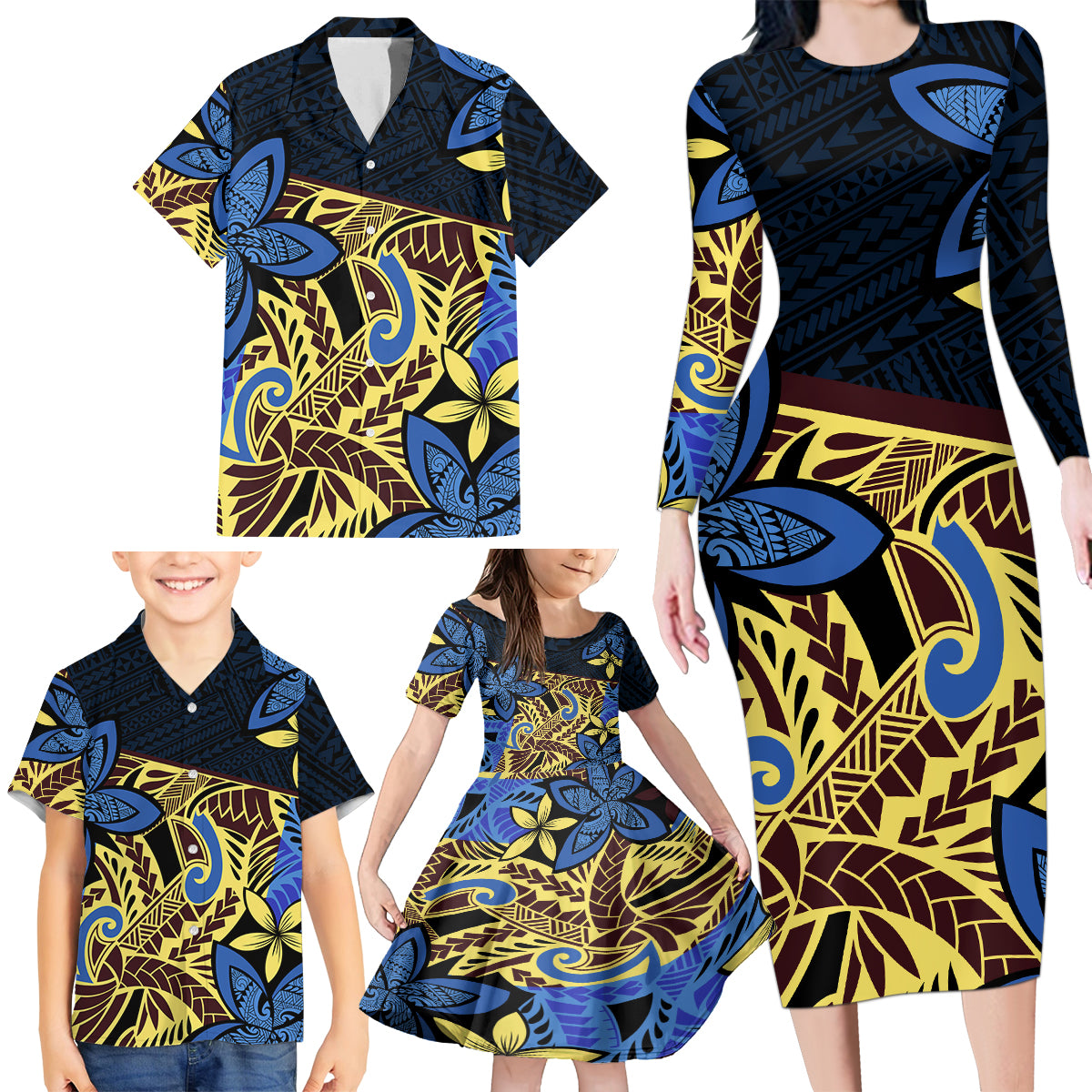 Polynesia Fabric Family Matching Long Sleeve Bodycon Dress and Hawaiian Shirt Polynesian Tribal With Frangipani Flowers - Wonder Print Shop