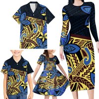 Polynesia Fabric Family Matching Long Sleeve Bodycon Dress and Hawaiian Shirt Polynesian Tribal With Frangipani Flowers - Wonder Print Shop