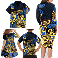 Polynesia Fabric Family Matching Long Sleeve Bodycon Dress and Hawaiian Shirt Polynesian Tribal With Frangipani Flowers - Wonder Print Shop