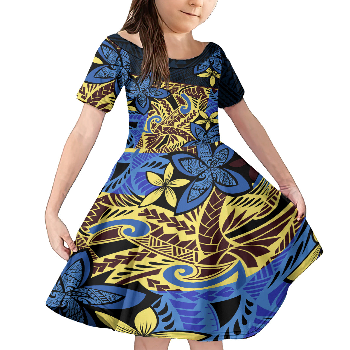 Polynesia Fabric Family Matching Mermaid Dress and Hawaiian Shirt Polynesian Tribal With Frangipani Flowers - Wonder Print Shop