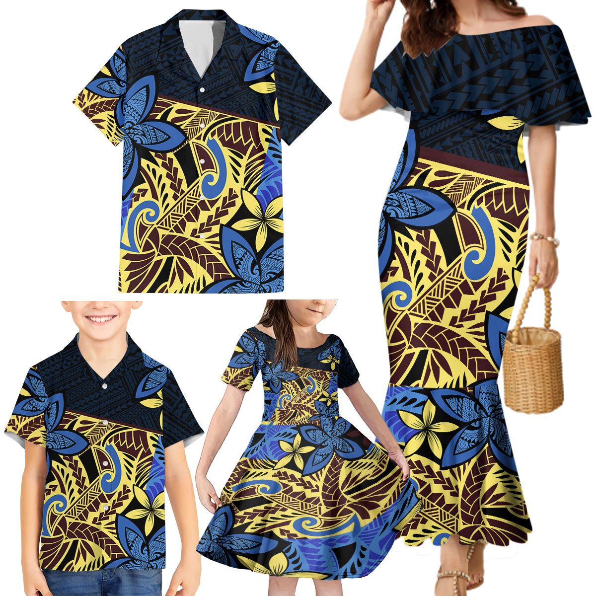 Polynesia Fabric Family Matching Mermaid Dress and Hawaiian Shirt Polynesian Tribal With Frangipani Flowers - Wonder Print Shop